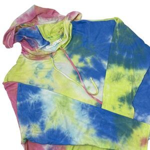 Nordstrom LUSH NWOT Pink‎ Blue Yellow Tie Dye Cropped Knit Hoodie Women's Size M